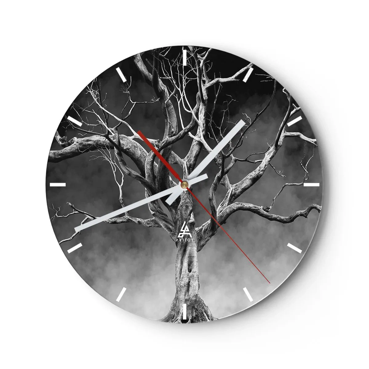 Ceas de perete - Ceas pe sticlă - Un copac uscat pe fundalul unor nori întunecați în tonuri monocromatice - 30x30cm - Primare și sacre - Decorațiune modernă pentru perete pentru living, bucătărie și dormitor ARTTOR
