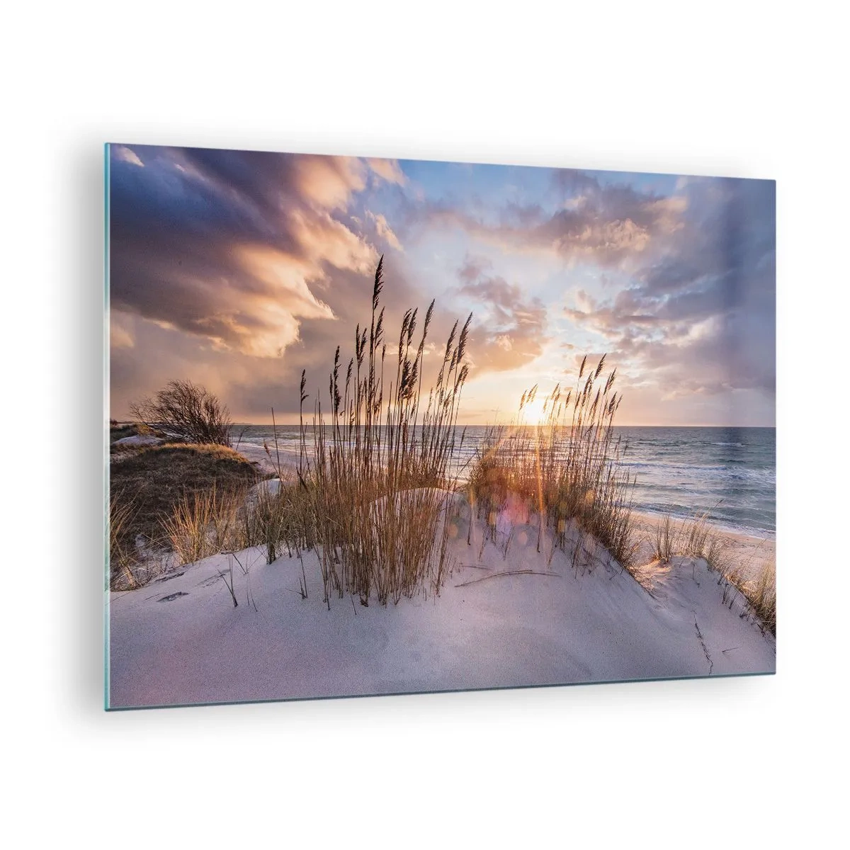 Tablou pe sticlă - Apus de soare peste mare văzut prin ierburile de pe malul mării - 70x50cm - Adio soare și vânt - Decorațiune modernă pentru perete pentru living și dormitor ARTTOR