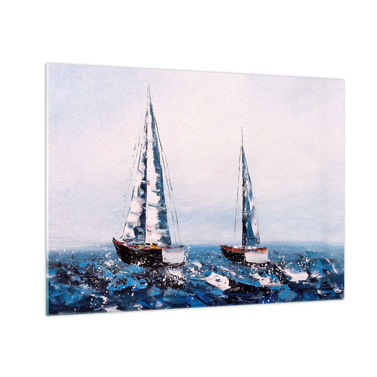 Tablou pe sticlă - Două iahturi pe o mare furtunoasă, într-un stil pictural impresionist. - 70x50cm - Frăția vântului - Decorațiune modernă pentru perete pentru living și dormitor ARTTOR