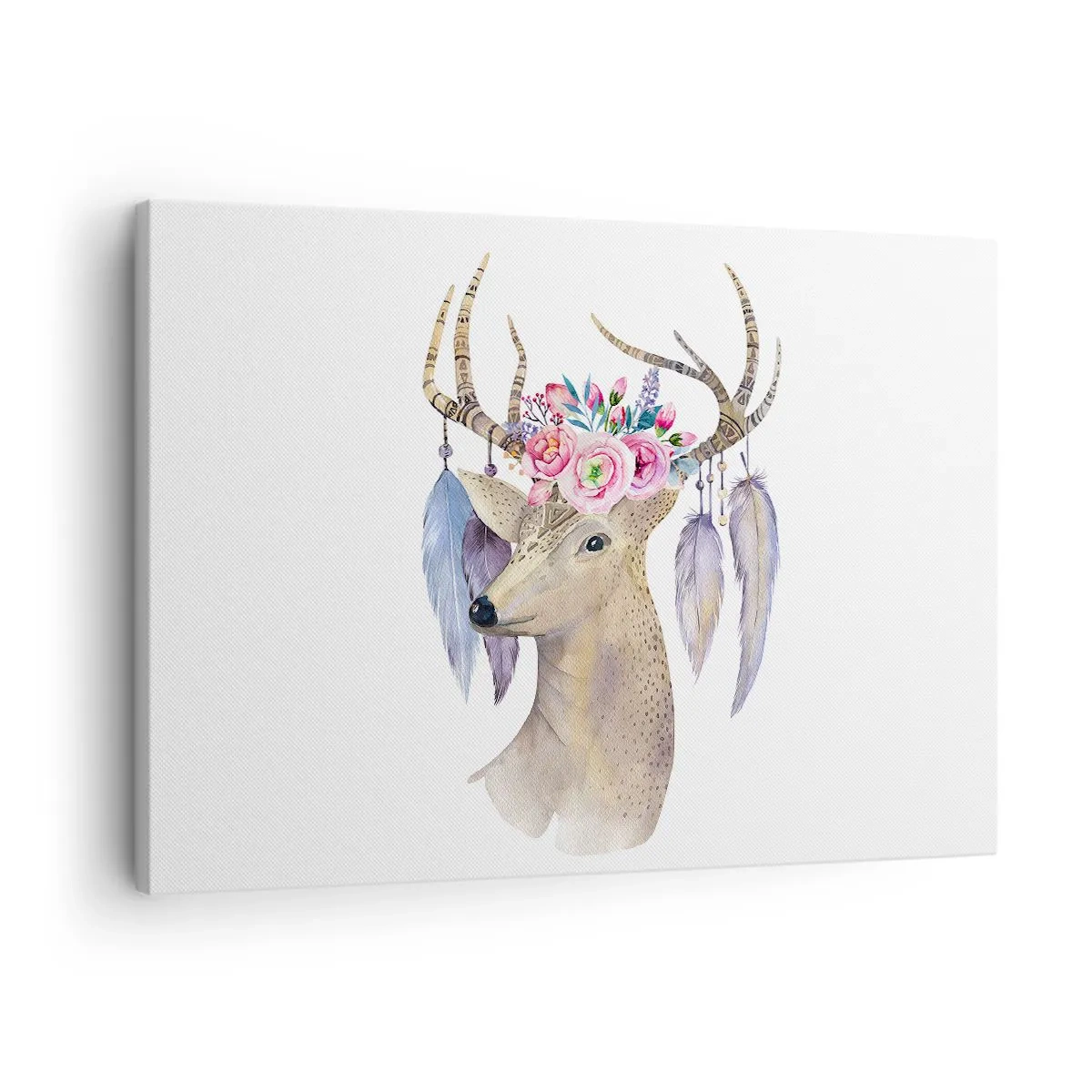 Tablou pe pânză Canvas - Grafică romantică de cerb cu flori și pene - 70x50cm - Ghidul sufletului - blând, inocent - Decorațiune modernă pentru perete pentru living și dormitor ARTTOR