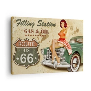 Tablou pe pânză Canvas - Posterul retro cu Ruta 66 cu o fată pin-up și o mașină - 70x50cm - Extraordinari ani '40. - Decorațiune modernă pentru perete pentru living și dormitor ARTTOR