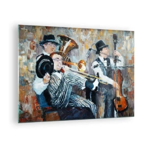 Tablou pe sticlă - O trupă de jazz într-o scenă impresionistă atmosferică - 70x50cm - Numai jazz - Decorațiune modernă pentru perete pentru living și dormitor ARTTOR