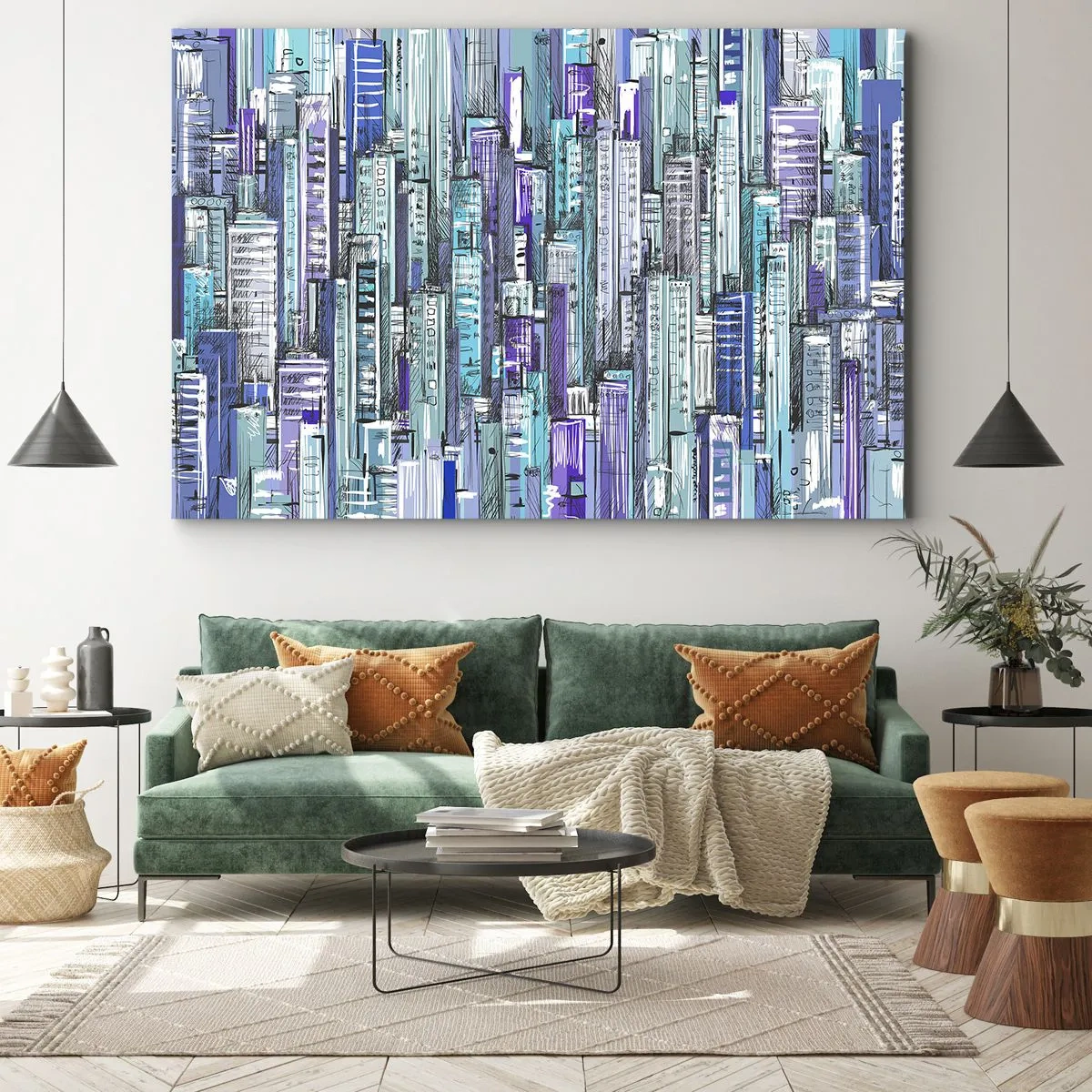 Tablou pe pânză Canvas - Ilustrație a unui oraș cu clădiri geometrice în nuanțe de albastru și violet. - 70x50cm - Albastru din cer - Decorațiune modernă pentru perete pentru living și dormitor ARTTOR
