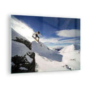 Tablou pe sticlă - Un snowboarder sărind de pe o stâncă în munți iarna - 70x50cm - Libertate fără frontiere - Decorațiune modernă pentru perete pentru living și dormitor ARTTOR