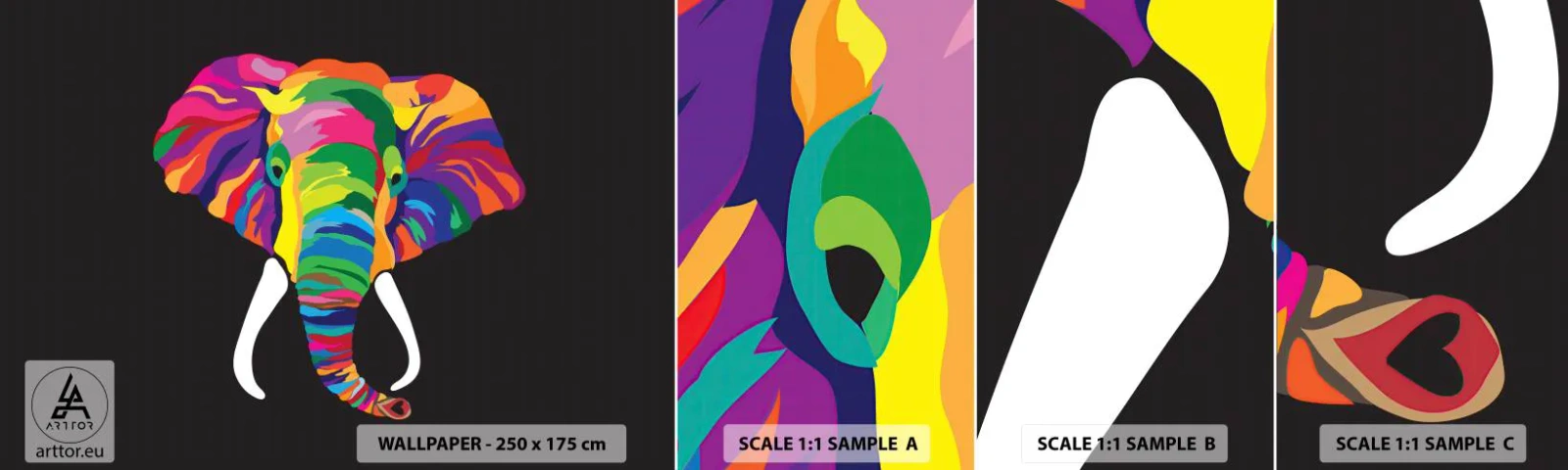 Mostră de Tapet Standard Eco - Elefantul căruia îi plăcea să se scalde în curcubeu - Animale, Elefant, Imagine colorată - 100x30 cm