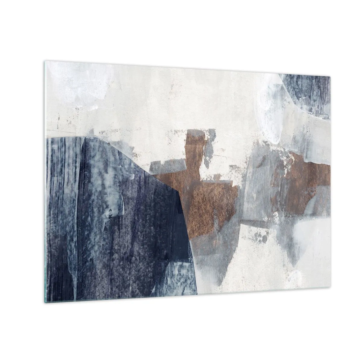 Tablou pe sticlă - Forme geometrice în albastru, maro și alb - 70x50cm - Forme albastre-maronii - Decorațiune modernă pentru perete pentru living și dormitor ARTTOR