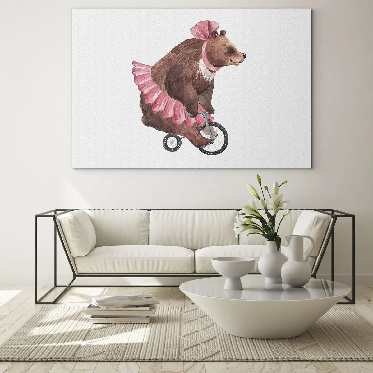 Tablou pe sticlă - Un urs într-o fustă roz pe o monocicletă - 70x50cm - Ce circ! - Decorațiune modernă pentru perete pentru living și dormitor ARTTOR