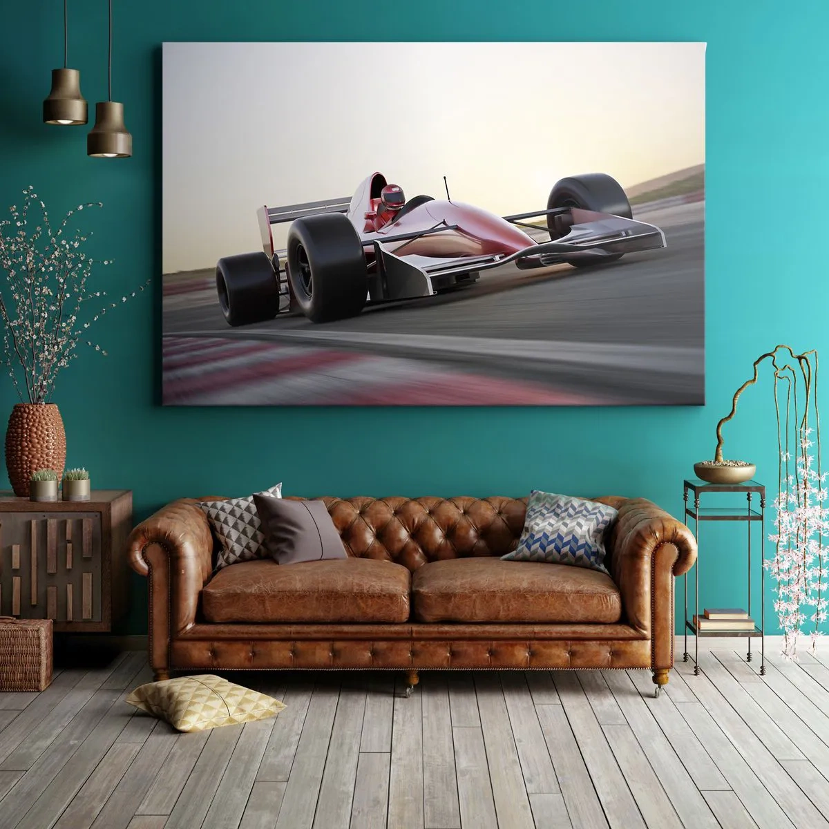 Tablou pe pânză Canvas - O mașină roșie de Formula 1 pe o pistă de curse în timp ce conduce - 70x50cm - Întotdeauna un câștigător - Decorațiune modernă pentru perete pentru living și dormitor ARTTOR