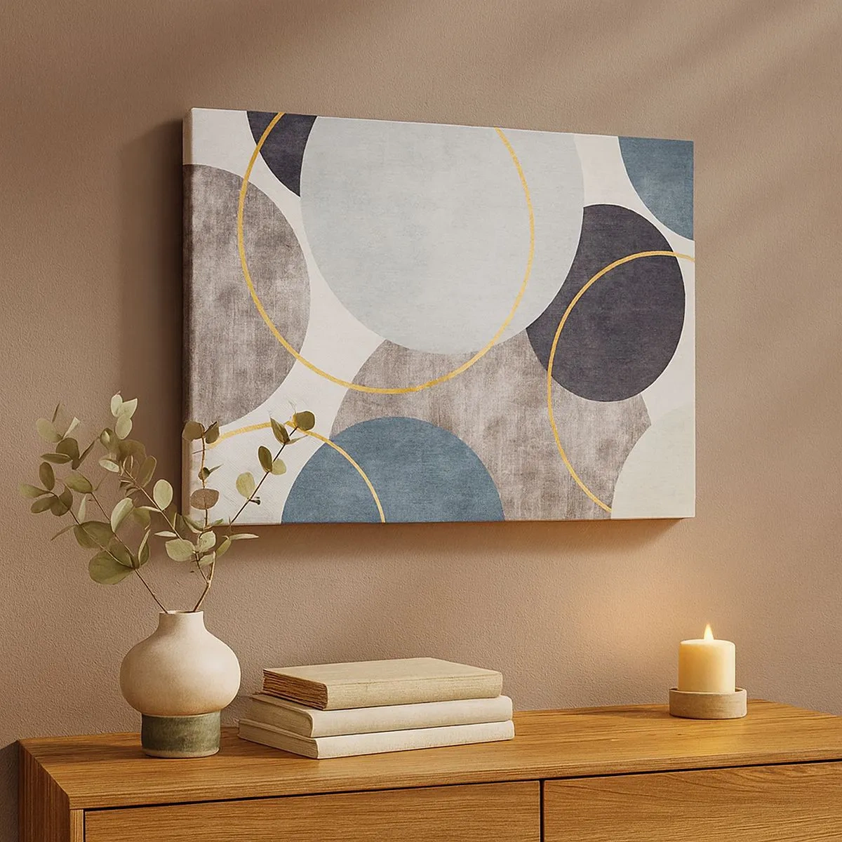 Tablou pe pânză Canvas - Cercuri geometrice în nuanțe de gri, albastru și auriu - 70x50cm - Roată cu roată - Decorațiune modernă pentru perete pentru living și dormitor ARTTOR