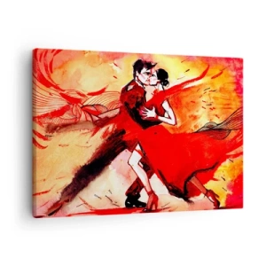 Tablou pe pânză Canvas - Un cuplu dansând tango în tonuri de roșu pe un fundal dinamic. - 70x50cm - Ritmul pasiunii purpuriu - Decorațiune modernă pentru perete pentru living și dormitor ARTTOR