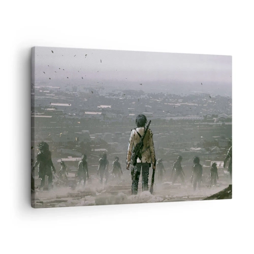 Tablou pe pânză Canvas - O figură cu o armă stă în fața unui grup într-un peisaj distopic. - 70x50cm - Ultimul om în picioare? - Decorațiune modernă pentru perete pentru living și dormitor ARTTOR