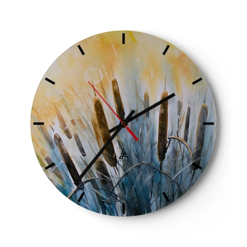Ceas de perete - Ceas pe sticlă - Stufuri picturale în culorile calde ale apusului - 30x30cm - Răcoarea apei, căldura soarelui - Decorațiune modernă pentru perete pentru living, bucătărie și dormitor ARTTOR