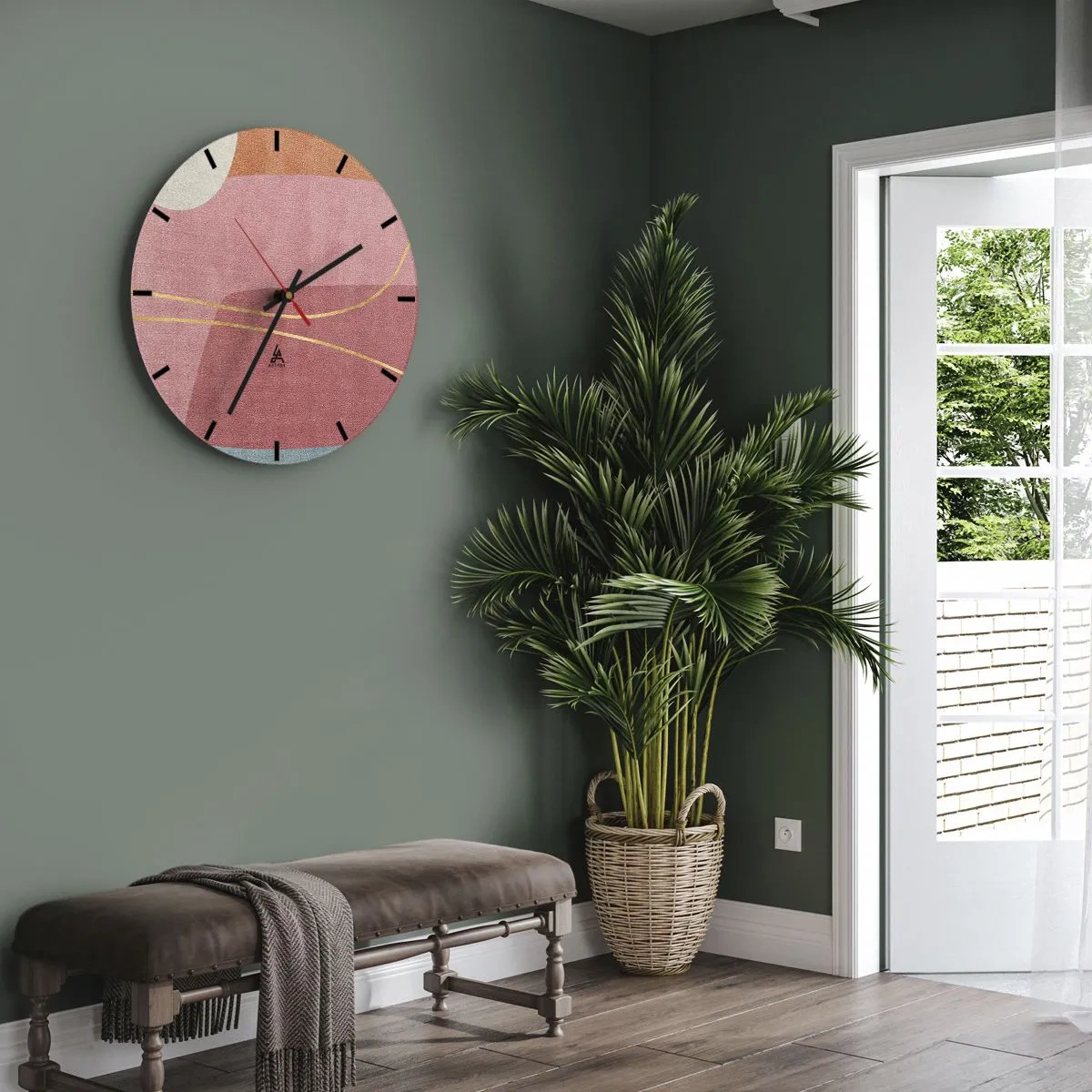 Ceas de perete - Ceas pe sticlă - Forme pastelate cu linii roz și aurii pe fundal - 30x30cm - Compoziție pastel cu fir de aur - Decorațiune modernă pentru perete pentru living, bucătărie și dormitor ARTTOR