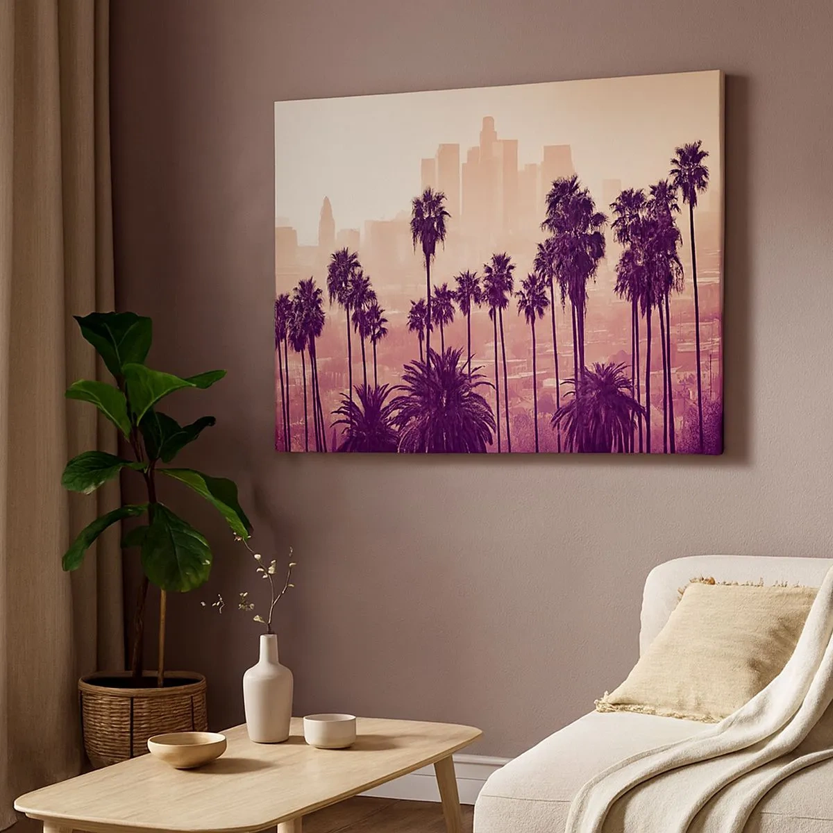 Tablou pe pânză Canvas - Palmieri pe fundalul unui peisaj urban în culori calde - 70x50cm - Peisaj din California - Decorațiune modernă pentru perete pentru living și dormitor ARTTOR