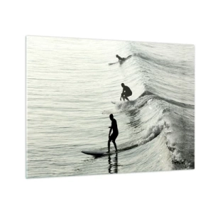 Tablou pe sticlă - Trei surferi care călăresc valurile dimineața - 70x50cm - Pentru a întâmpina valul - Decorațiune modernă pentru perete pentru living și dormitor ARTTOR