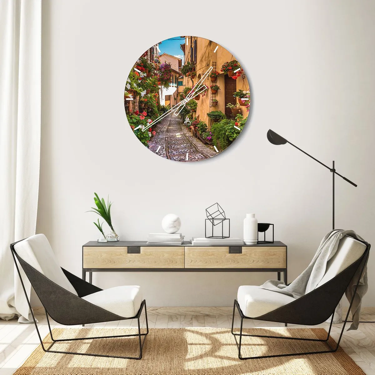 Ceas de perete - Ceas pe sticlă - O alee pitorească cu pavaj de piatră și flori - 30x30cm - Străduță italiană - Decorațiune modernă pentru perete pentru living, bucătărie și dormitor ARTTOR