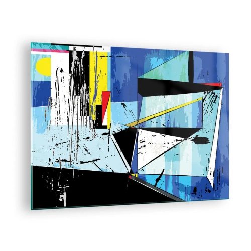 Tablou pe sticlă - Compoziție geometrică abstractă în nuanțe de albastru - 70x50cm - Privind lumea dintr-un unghi... - Decorațiune modernă pentru perete pentru living și dormitor ARTTOR