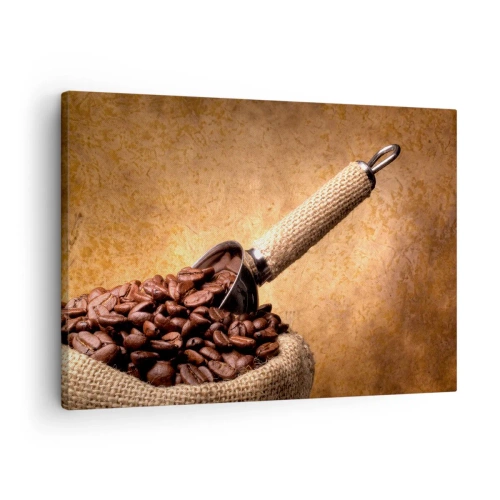 Tablou pe pânză Canvas - Boabe de cafea într-o pungă de iută cu o lingură de metal - 70x50cm - La sursa gustului - Decorațiune modernă pentru perete pentru living și dormitor ARTTOR