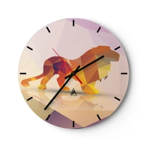 Ceas de perete - Ceas pe sticlă - Leu geometric în nuanțe de galben și violet - 30x30cm - Regele diamantat - Decorațiune modernă pentru perete pentru living, bucătărie și dormitor ARTTOR