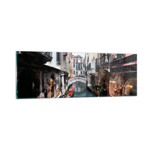 Tablou pe sticlă - Peisaj venețian cu gondolă și pod - 90x30 cm