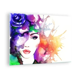 Tablou pe sticlă - O femeie cu un fundal estompat și colorat, în stil acuarelă - 70x50cm - Cu capul în nori - Decorațiune modernă pentru perete pentru living și dormitor ARTTOR