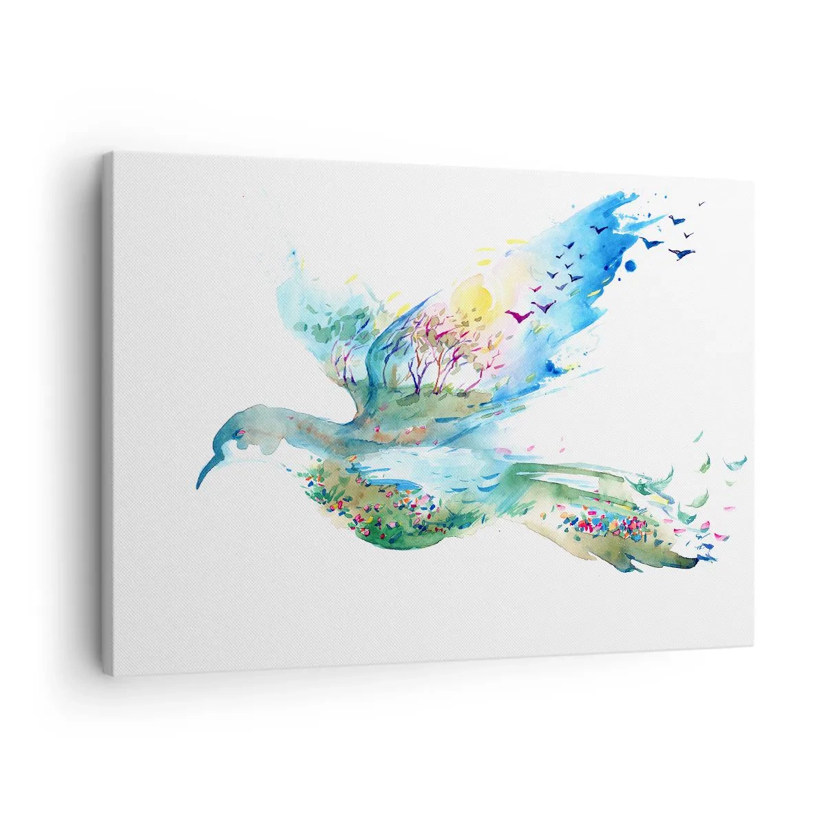Tablou pe pânză Canvas - Compoziție în acuarelă a unei păsări cu elemente din natură - 70x50cm - Pe aripile naturii - Decorațiune modernă pentru perete pentru living și dormitor ARTTOR