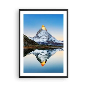 Poster în ramă neagră - Un munte cu un vârf acoperit de zăpadă reflectat într-un lac - 50x70cm - Două lumi - Decorațiune modernă pentru perete pentru living și dormitor ARTTOR