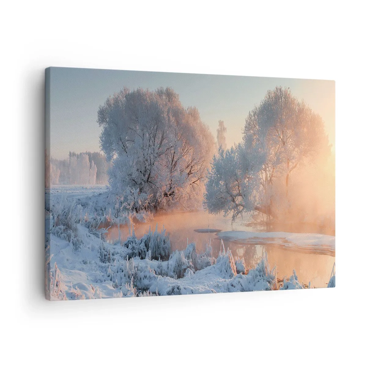 Tablou pe pânză Canvas - Peisaj de iarnă cu copaci acoperiți de zăpadă și un apus de soare - 70x50cm - Totul strălucește în cristal însorit - Decorațiune modernă pentru perete pentru living și dormitor ARTTOR
