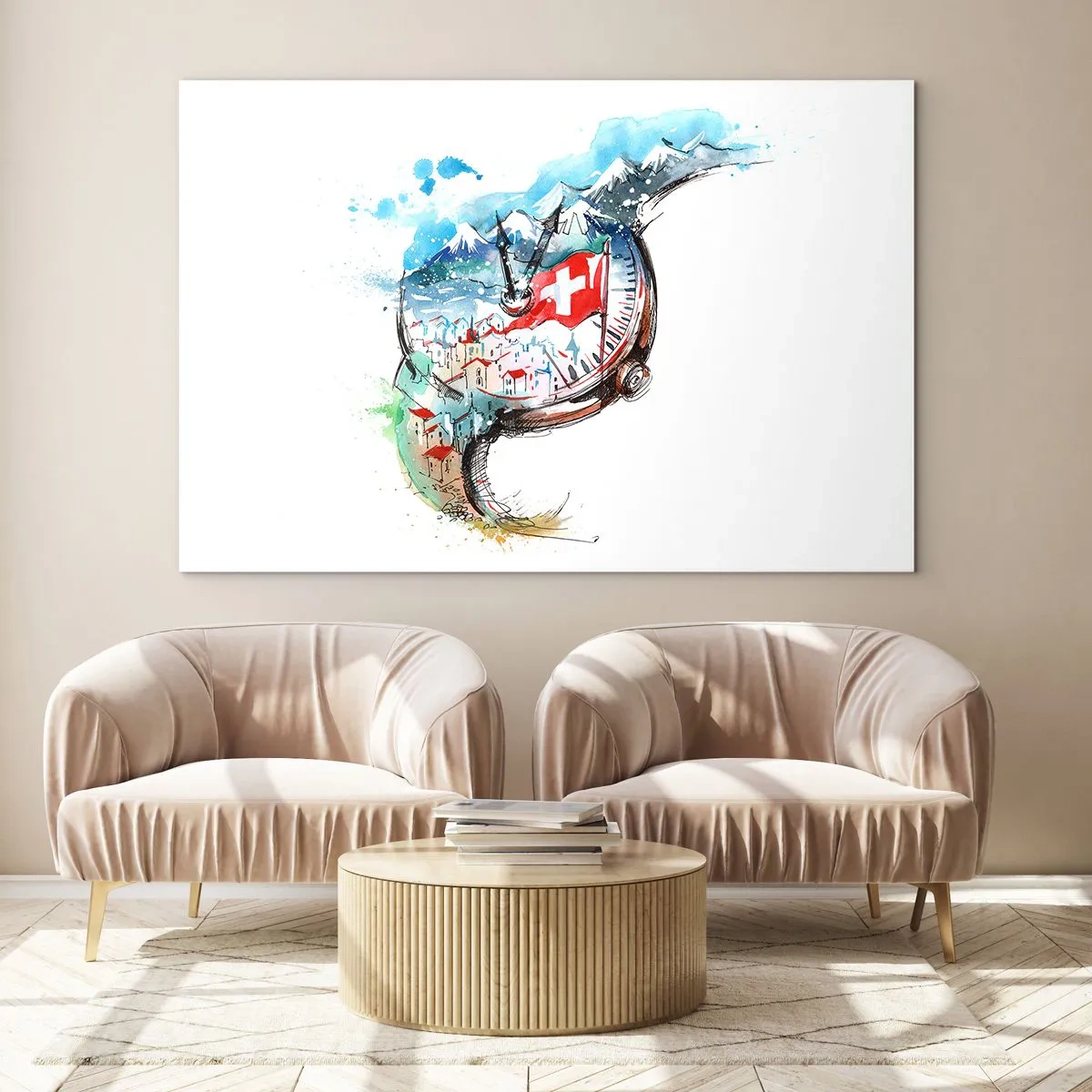 Tablou pe sticlă - Pictură în acuarelă a unui peisaj elvețian cu un steag și un ceas - 70x50cm - Spiritul Elveției - Decorațiune modernă pentru perete pentru living și dormitor ARTTOR