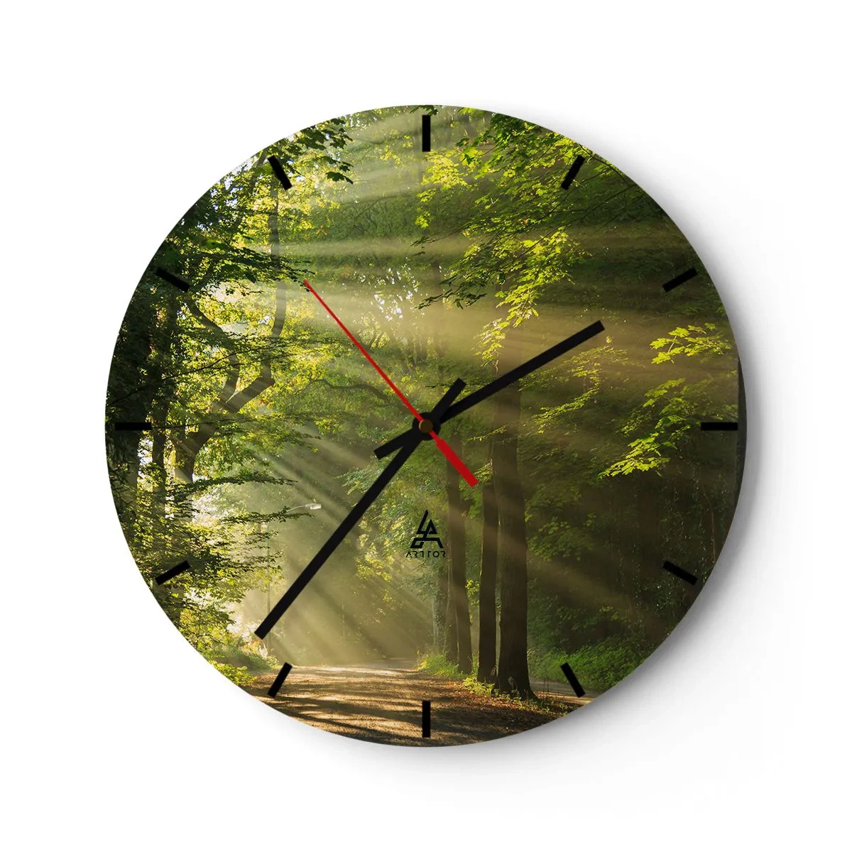 Ceas de perete - Ceas pe sticlă - Calea de pădure în razele soarelui de dimineață - 30x30cm - Moment de pădure - Decorațiune modernă pentru perete pentru living, bucătărie și dormitor ARTTOR