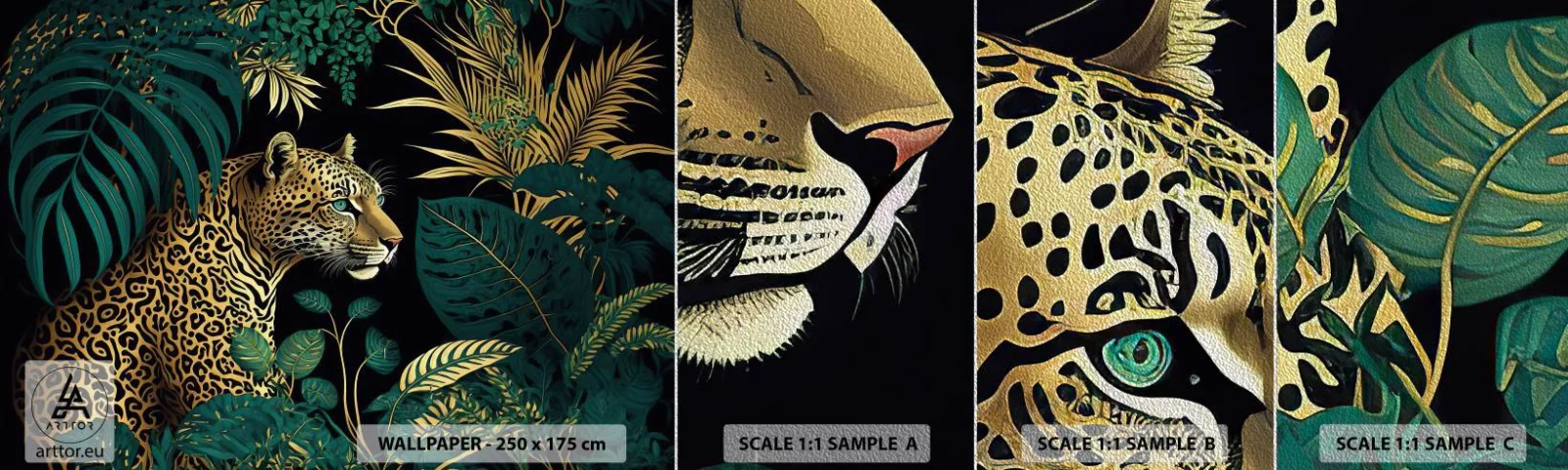 Mostră tapet Premium Sand - Domnitorul junglei - leopard, Junglă, Tropical - 100x30 cm