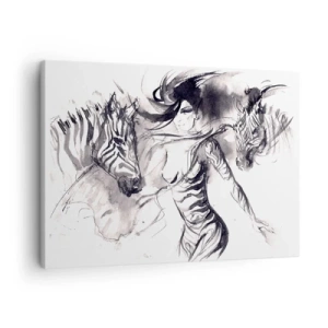 Tablou pe pânză Canvas - O femeie într-un dans dinamic cu zebre într-o estetică alb-negru - 70x50cm - Dansând cu zebrele - Decorațiune modernă pentru perete pentru living și dormitor ARTTOR