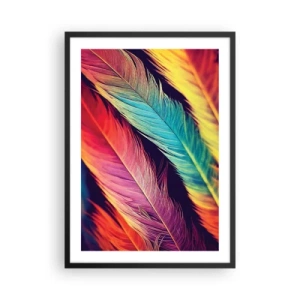 Poster în ramă neagră - Pene colorate în nuanțe vibrante pe un fundal întunecat - 50x70cm - Curcubeu cu pene - Decorațiune modernă pentru perete pentru living și dormitor ARTTOR