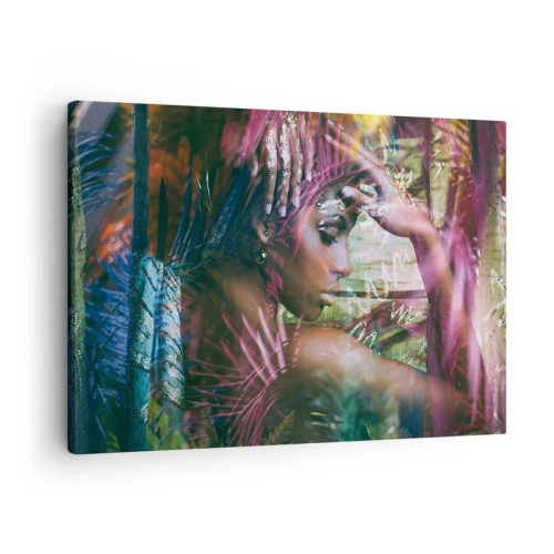 Tablou pe pânză Canvas - Portretul unei femei înconjurate de vegetație exotică - 70x50cm - Mama Natură în junglă - Decorațiune modernă pentru perete pentru living și dormitor ARTTOR