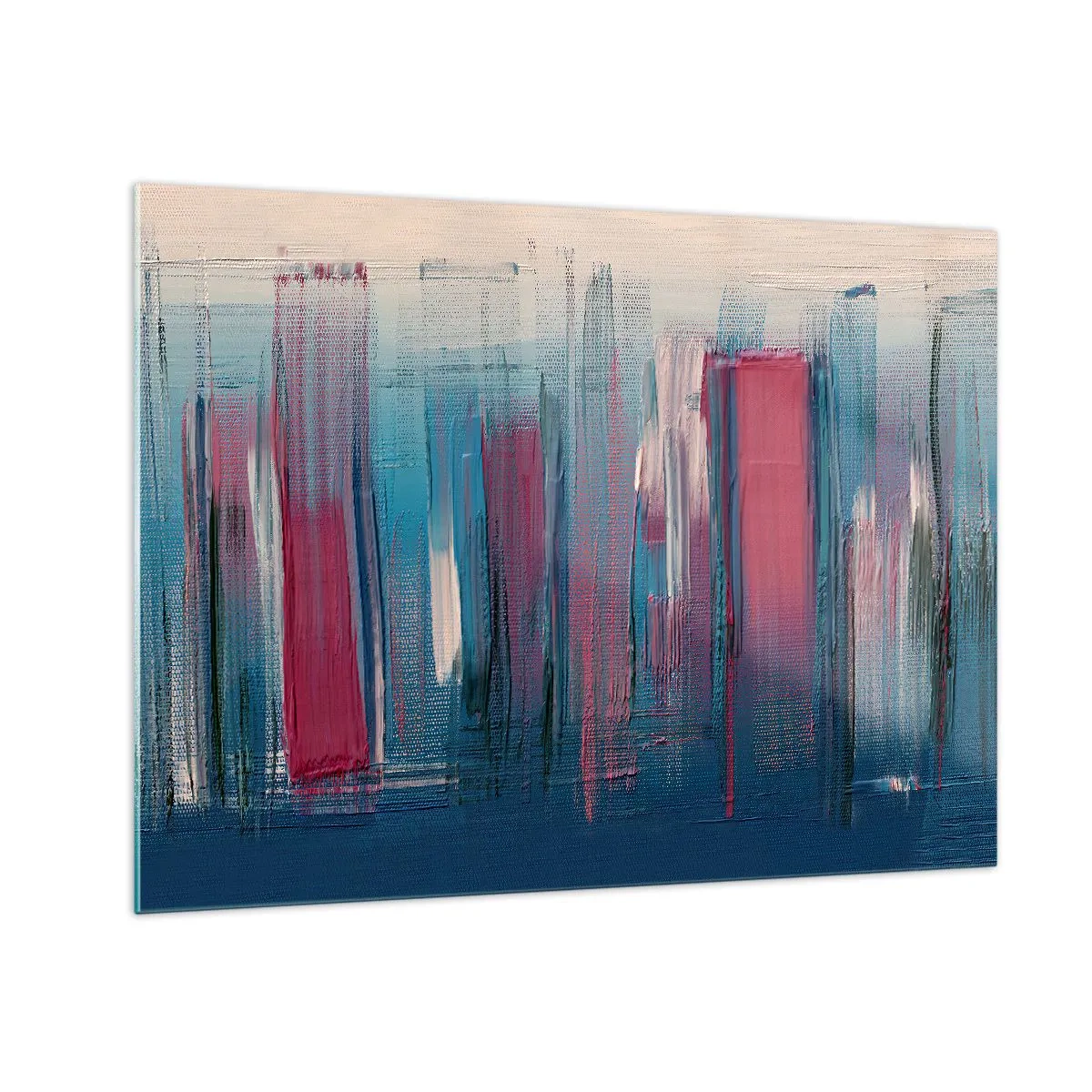 Tablou pe sticlă - Pensule verticale în roșu și albastru pe un fundal bej - 70x50cm - Compoziție verticală în albastru și roșu - Decorațiune modernă pentru perete pentru living și dormitor ARTTOR