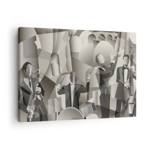 Tablou pe pânză Canvas - Scenă abstractă cu muzicieni de jazz în nuanțe de gri. - 70x50cm - În spațiul sunetelor - Decorațiune modernă pentru perete pentru living și dormitor ARTTOR