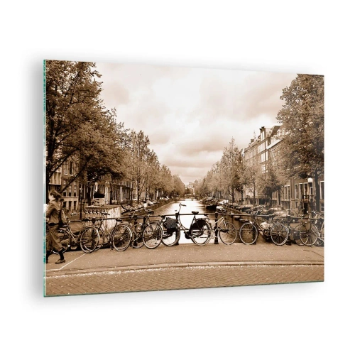 Tablou pe sticlă - Podul Amsterdam cu biciclete retro - 70x50cm - Atmosfera olandeză - Decorațiune modernă pentru perete pentru living și dormitor ARTTOR