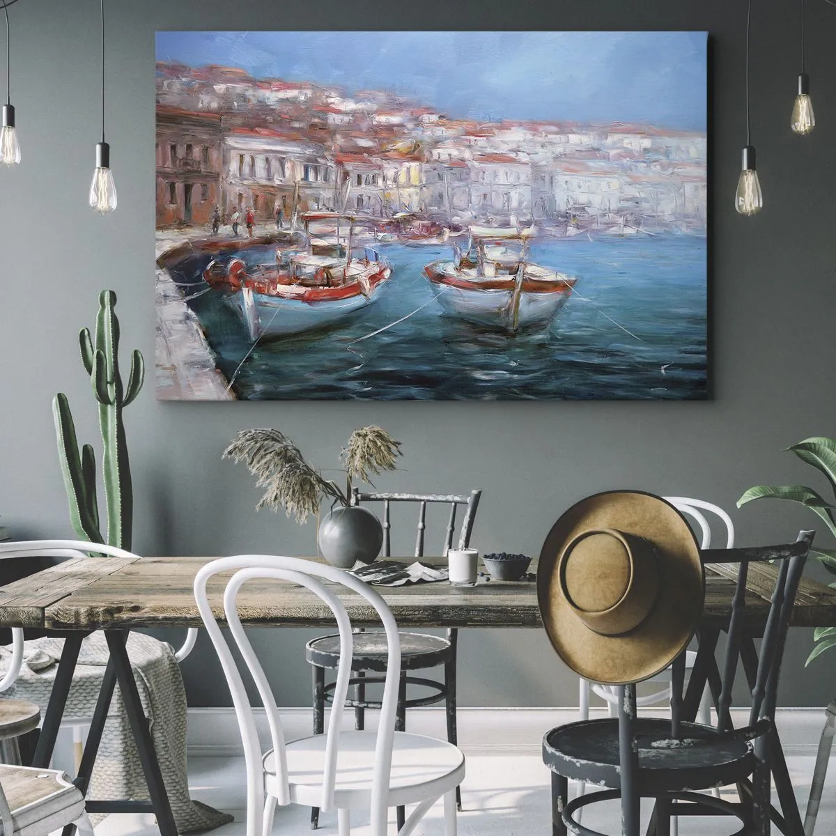 Tablou pe pânză Canvas - Bărci într-un golf pitoresc italian - 70x50cm - Golful italian - Decorațiune modernă pentru perete pentru living și dormitor ARTTOR