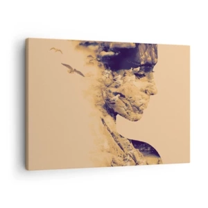 Tablou pe pânză Canvas - Profil de femeie cu natura în fundal în tonuri calde - 70x50cm - Frumoasă prin natura - Decorațiune modernă pentru perete pentru living și dormitor ARTTOR