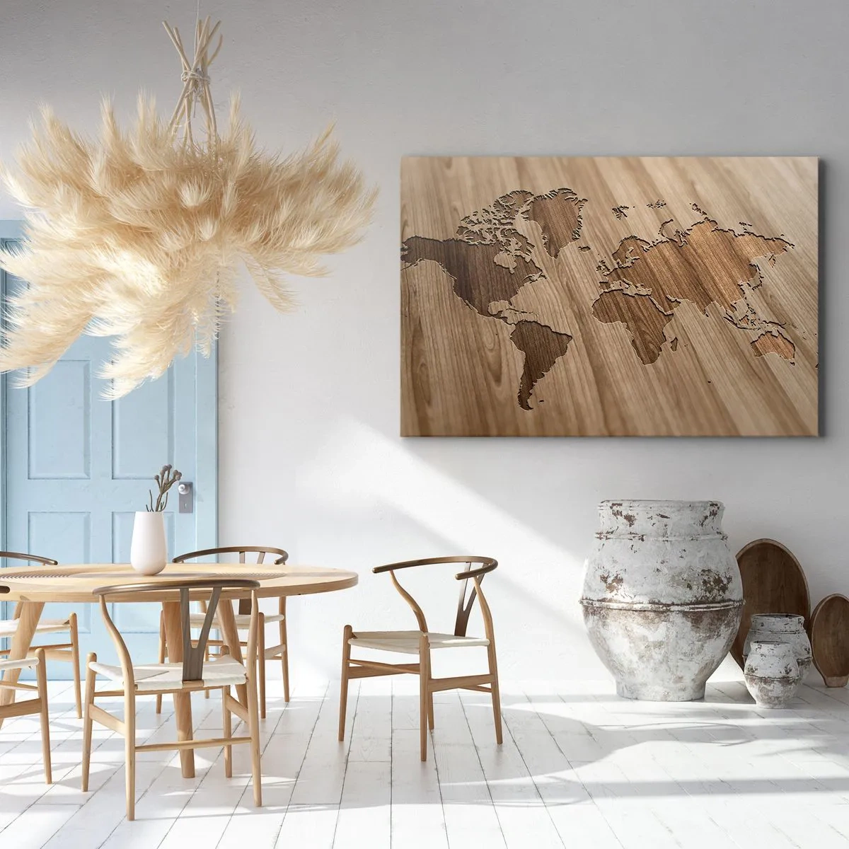 Tablou pe pânză Canvas - O hartă a lumii decupată pe o suprafață de lemn - 70x50cm - Lumea servită pe masă - Decorațiune modernă pentru perete pentru living și dormitor ARTTOR