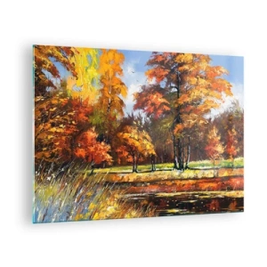 Tablou pe sticlă - Peisaj de toamnă cu copaci și reflecție în apă - 70x50cm - Peisaj în aur și bronz - Decorațiune modernă pentru perete pentru living și dormitor ARTTOR