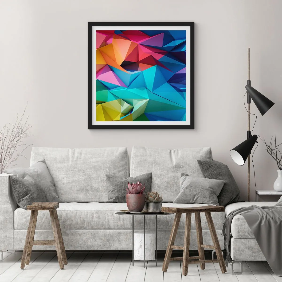 Poster în ramă neagră - Origami de curcubeu - 30x30 cm