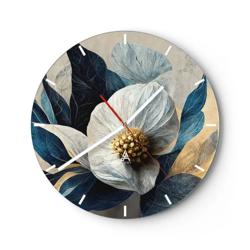 Ceas de perete - Ceas pe sticlă - Un aranjament floral alb cu frunze bleumarin și centru auriu - 30x30cm - Are o inimă de aur - Decorațiune modernă pentru perete pentru living, bucătărie și dormitor ARTTOR