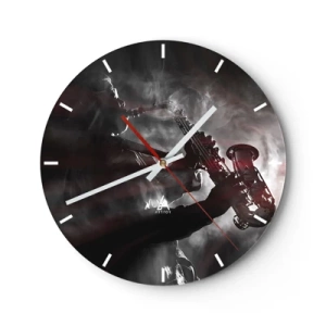 Ceas de perete - Ceas pe sticlă - Saxofonist în fum în stil alb-negru - 30x30cm - În aburul jazzului - Decorațiune modernă pentru perete pentru living, bucătărie și dormitor ARTTOR