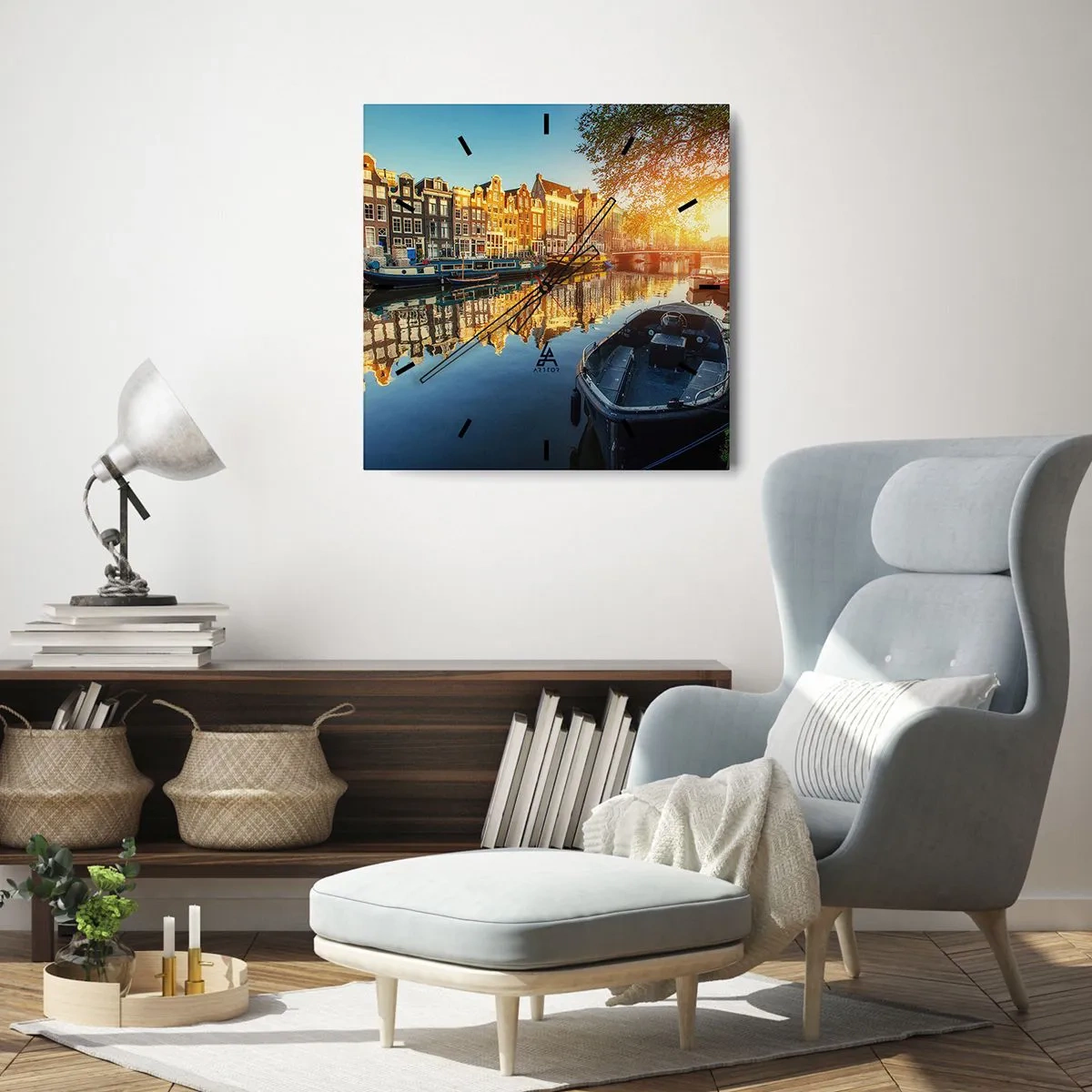 Ceas de perete - Ceas pe sticlă - Dimineața în Amsterdam - 30x30 cm