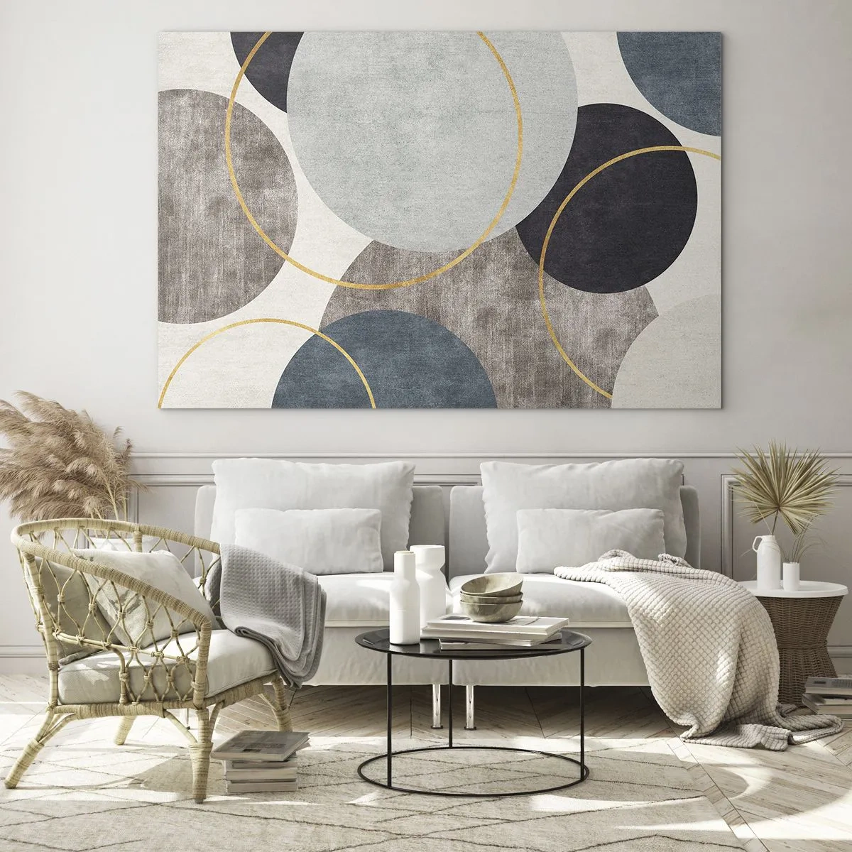 Tablou pe sticlă - O compoziție de cercuri în culori estompate - 70x50cm - Roată cu roată - Decorațiune modernă pentru perete pentru living și dormitor ARTTOR