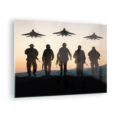 Tablou pe sticlă - Soldați pe fundalul soarelui care apune și al avioanelor cu reacție - 70x50cm - Bun venit în lumea mea - Decorațiune modernă pentru perete pentru living și dormitor ARTTOR