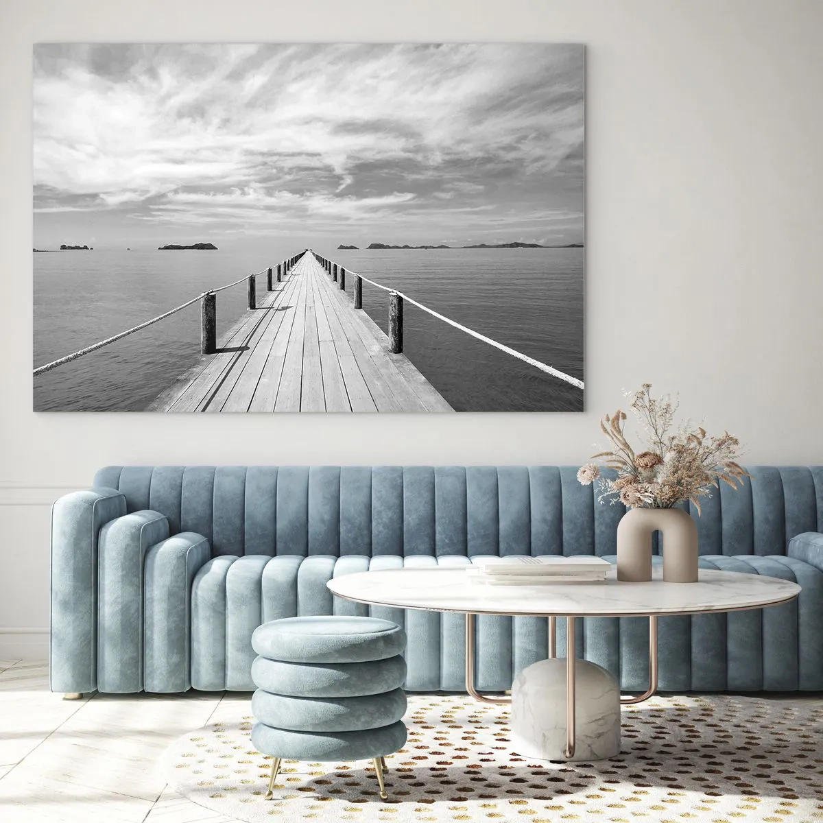 Tablou pe sticlă - Un dig de lemn care duce în depărtare peste o mare calmă - 70x50cm - Ce zici de o călătorie... - Decorațiune modernă pentru perete pentru living și dormitor ARTTOR