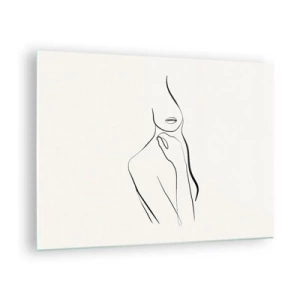 Tablou pe sticlă - O linie minimalistă care prezintă o siluetă feminină pe un fundal deschis - 70x50cm - Val de melancolie - Decorațiune modernă pentru perete pentru living și dormitor ARTTOR