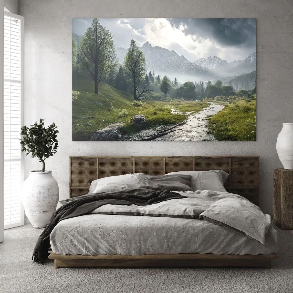 Tablou pe sticlă - Un peisaj montan cu un pârâu și o vale verde dimineața - 70x50cm - Până acolo și înapoi - Decorațiune modernă pentru perete pentru living și dormitor ARTTOR
